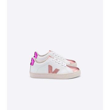 Kids' Veja ESPLAR LEATHER Sneakers White/Pink/Purple | ZA 809PJJ